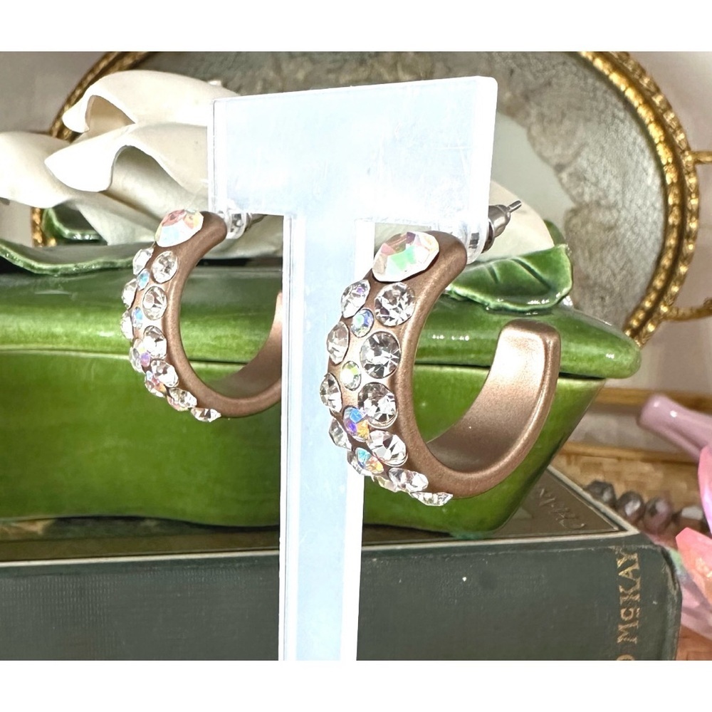 GOLD HOOPS AB/ROYAL RHINESTONES C SHAPE EARRINGS - Picture 2 of 2